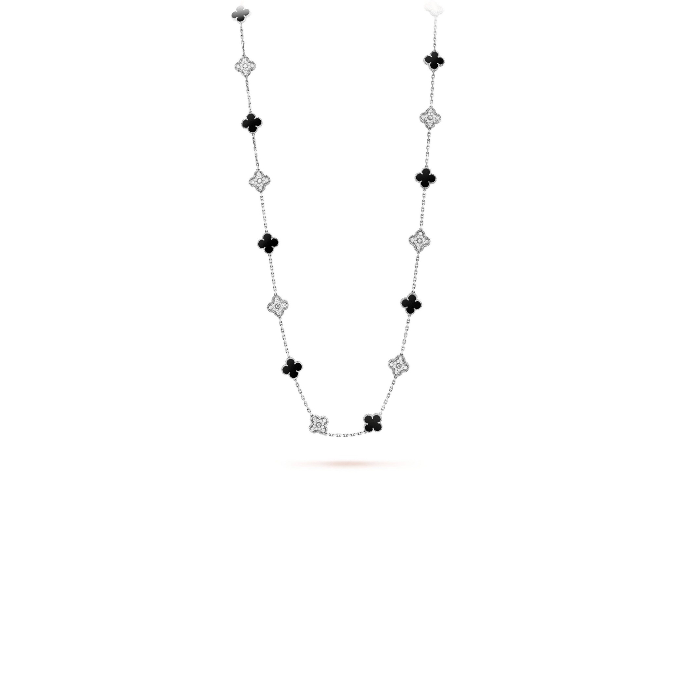 V*N CL*F arpels vintage alhambra long necklace, 20 motifs - white gold, diamond, onyx  vcarp2r800